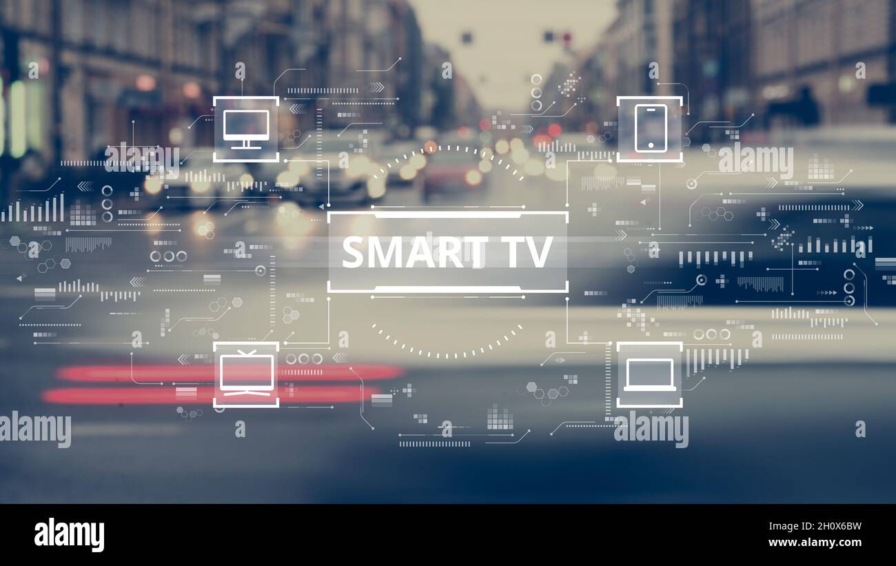 Smart-tv-Konzept auf abstraktem Konzept mit Computer-, tv- und Smartphone-Symbolen Stockfoto