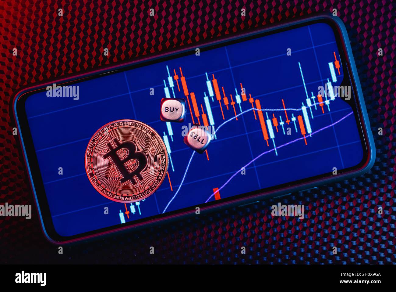 Bitcoin und Buy-Sell Würfel auf dem Hintergrund eines Smartphone-Bildschirms mit dem Bild von Stock Kerzenständer. Stockfoto