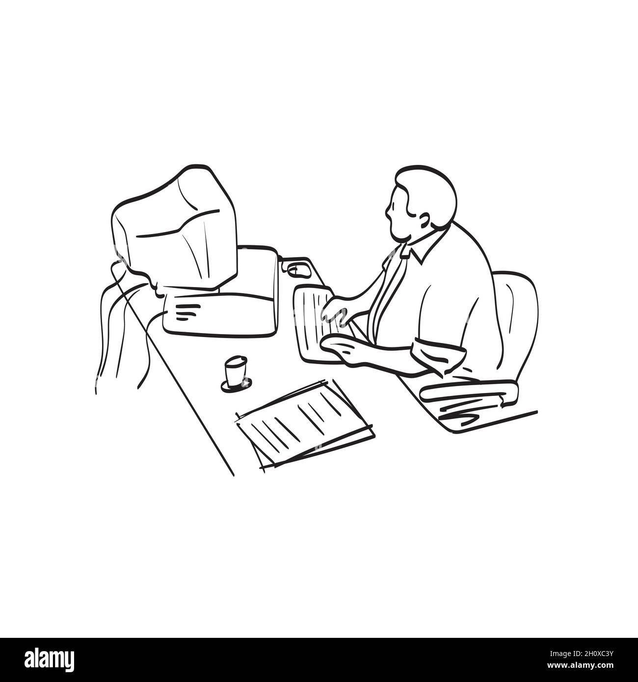 Linie Kunst Fett Geschäftsmann arbeiten auf alten PC Illustration Vektor isoliert auf weißem Hintergrund Stock Vektor