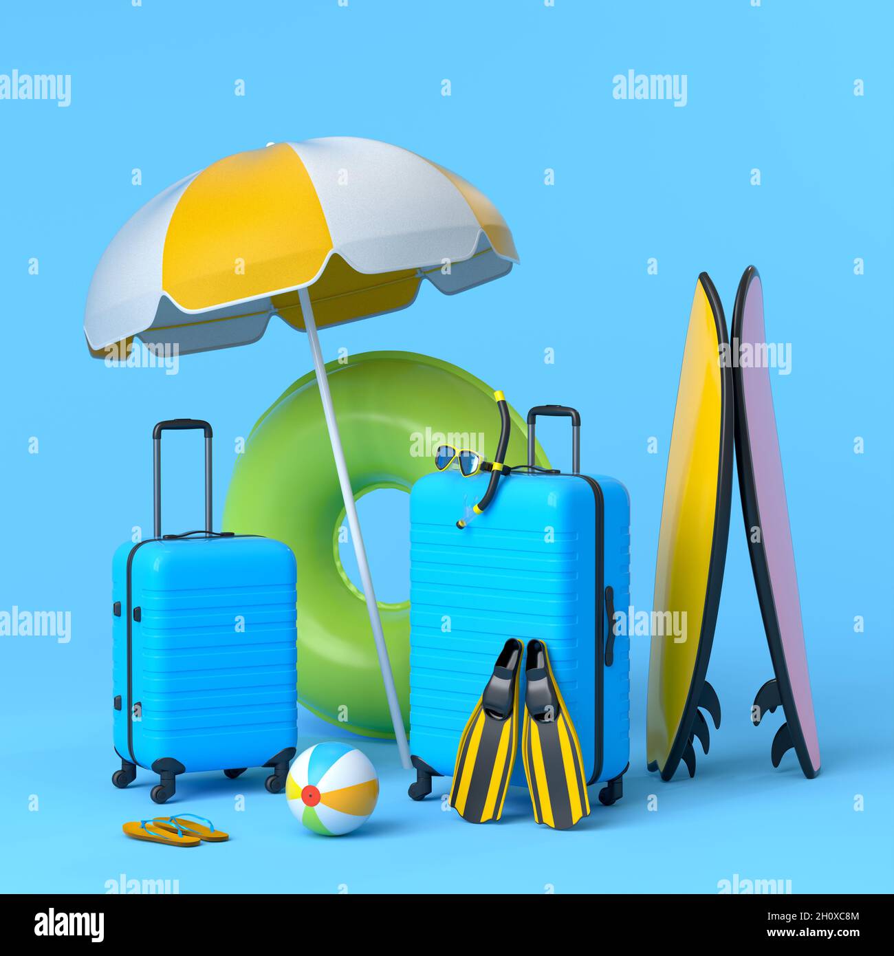 Koffer mit Sonnenschirm und Surfbrett auf blauem Hintergrund  Stockfotografie - Alamy