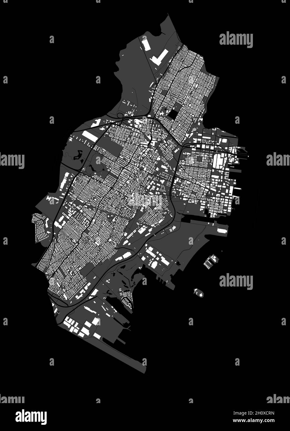 Jersey-Karte. Detaillierte Vektorkarte des Verwaltungsgebiets der Stadt Jersey. Blick auf das Stadtbild mit Postern und die Arie der Metropole. Schwarzes Land mit weißen Gebäuden, Wasser, f Stock Vektor