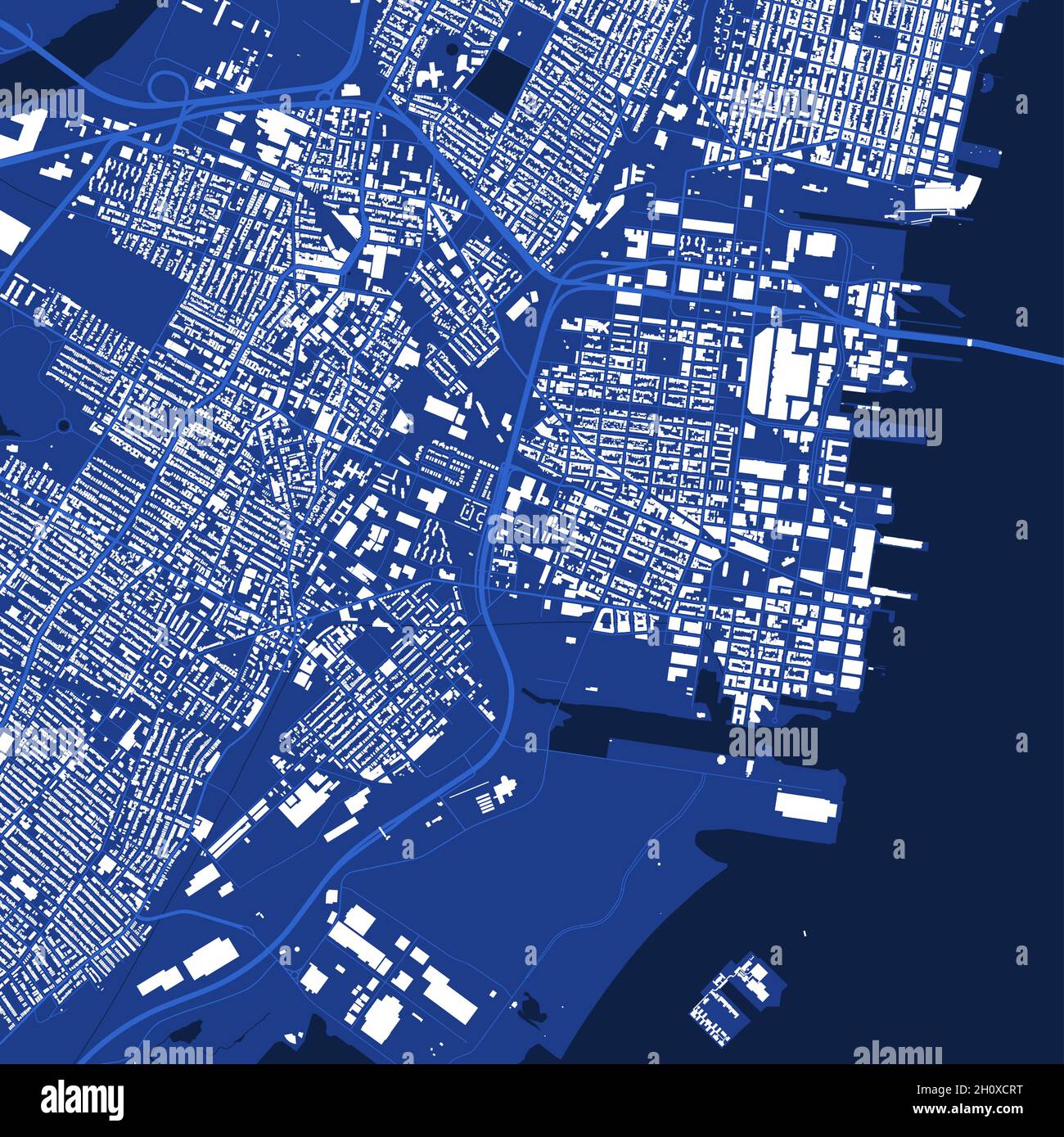 Detailliertes blaues Kartenplakat des Verwaltungsgebiets der Stadt Jersey. Panorama der Skyline. Dekorative Grafik Touristenkarte des Territoriums von Jersey. Lizenzfreie Vektorgrafik Stock Vektor