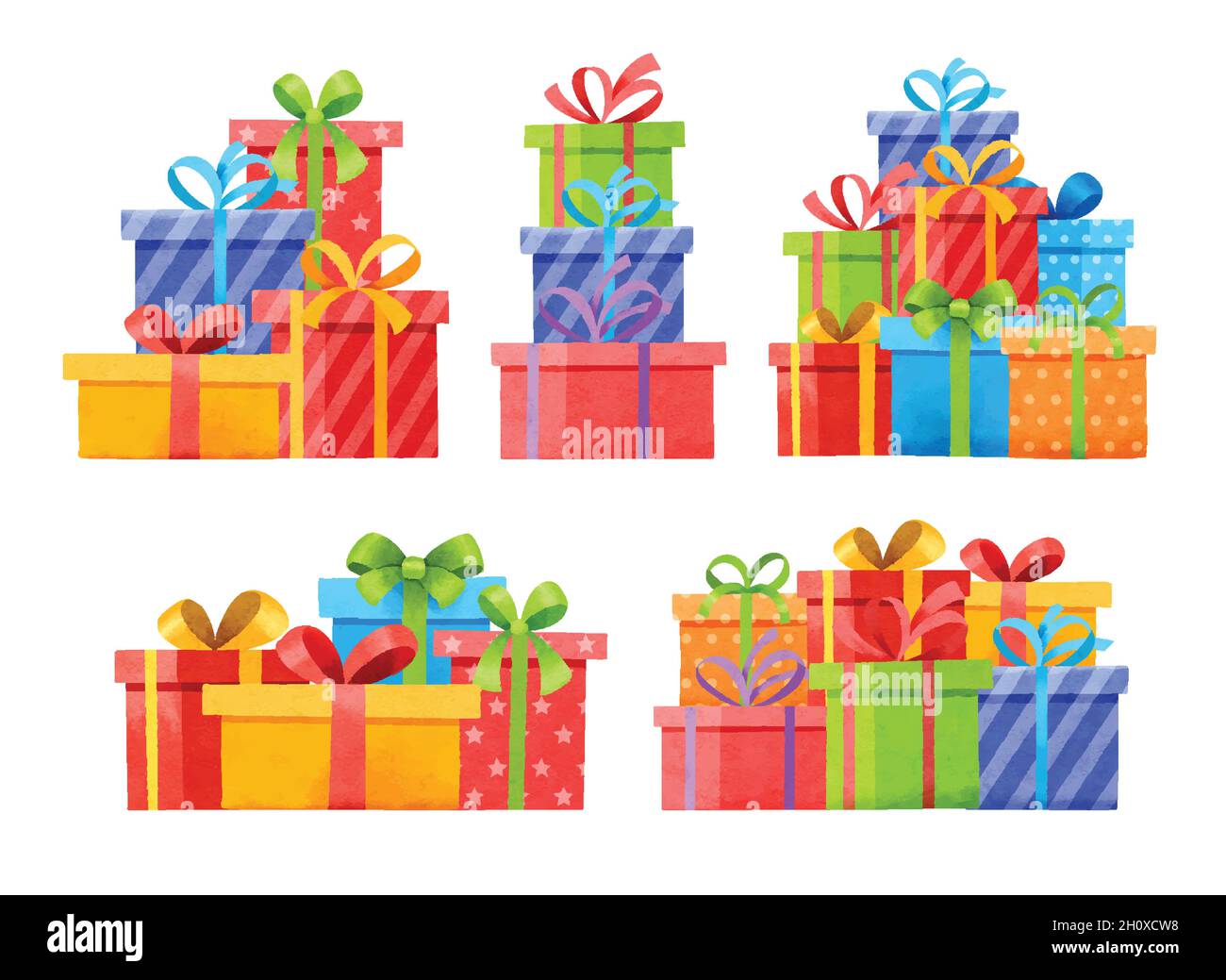 Set von Geschenken auf weiß isoliert. Aquarell weihnachten und Neujahr Set mit Geschenkschachteln. Stock Vektor