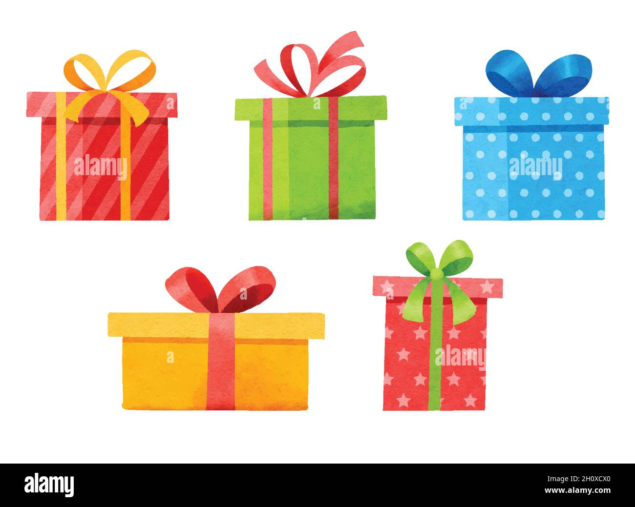 Set von Geschenken auf weiß isoliert. Aquarell weihnachten und Neujahr Set mit Geschenkschachteln. Stock Vektor