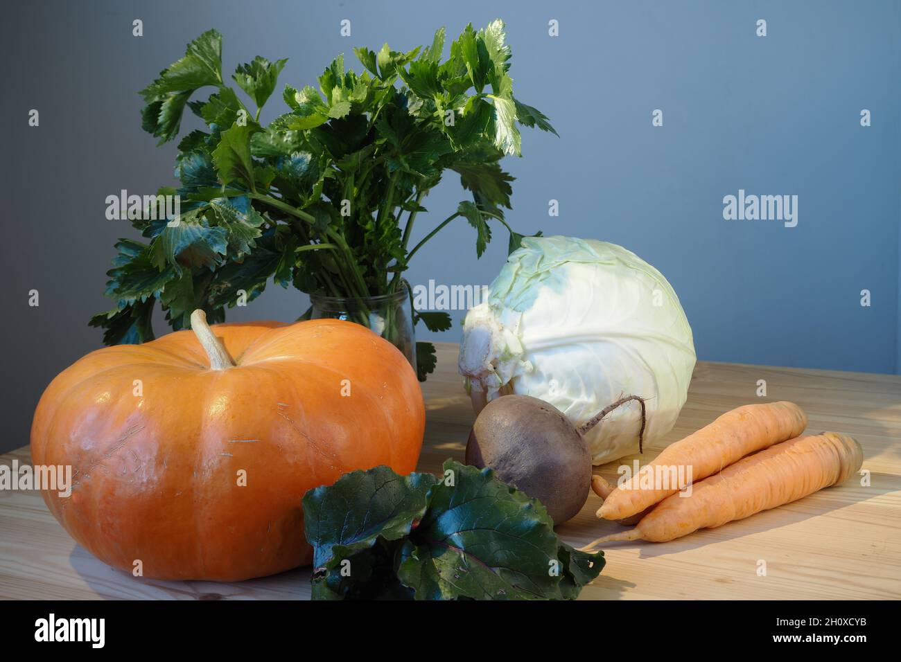 Gemüse, Stillleben. Gemüseernte im Herbst. Schönes reifes Gemüse. Stockfoto