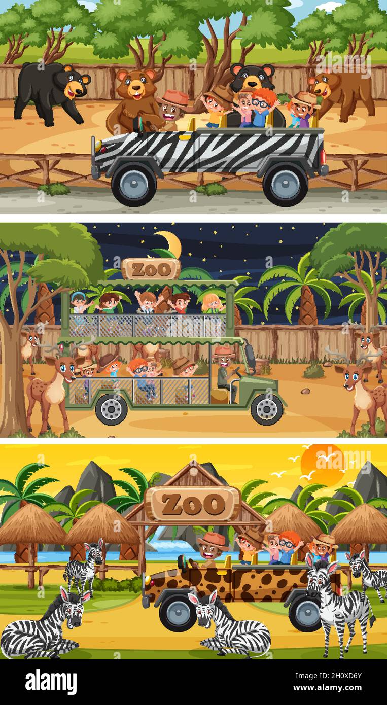 Set aus verschiedenen horizontalen Safari-Szenen mit Tieren und Kindern Cartoon-Figuren-Illustration Stock Vektor