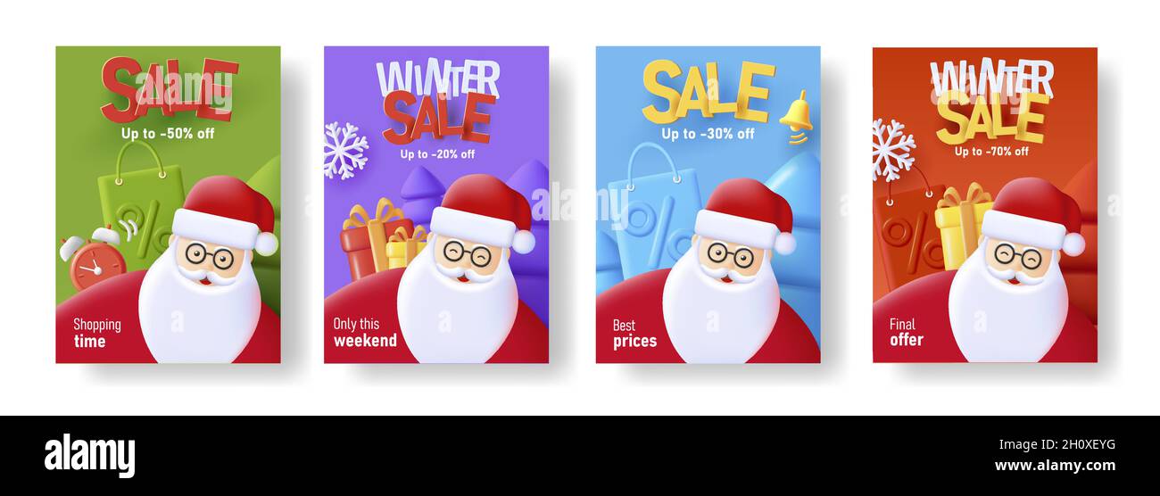 Set von Weihnachts-Flyer mit 3d-Weihnachtsmann und Weihnachtselementen mit großer Typografie Stock Vektor