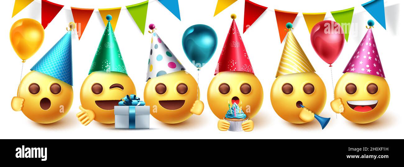 Emoji Geburtstagsfeier Vektor Design Set. Emojis-Kollektion zur Party-Feier mit Wimpeln 