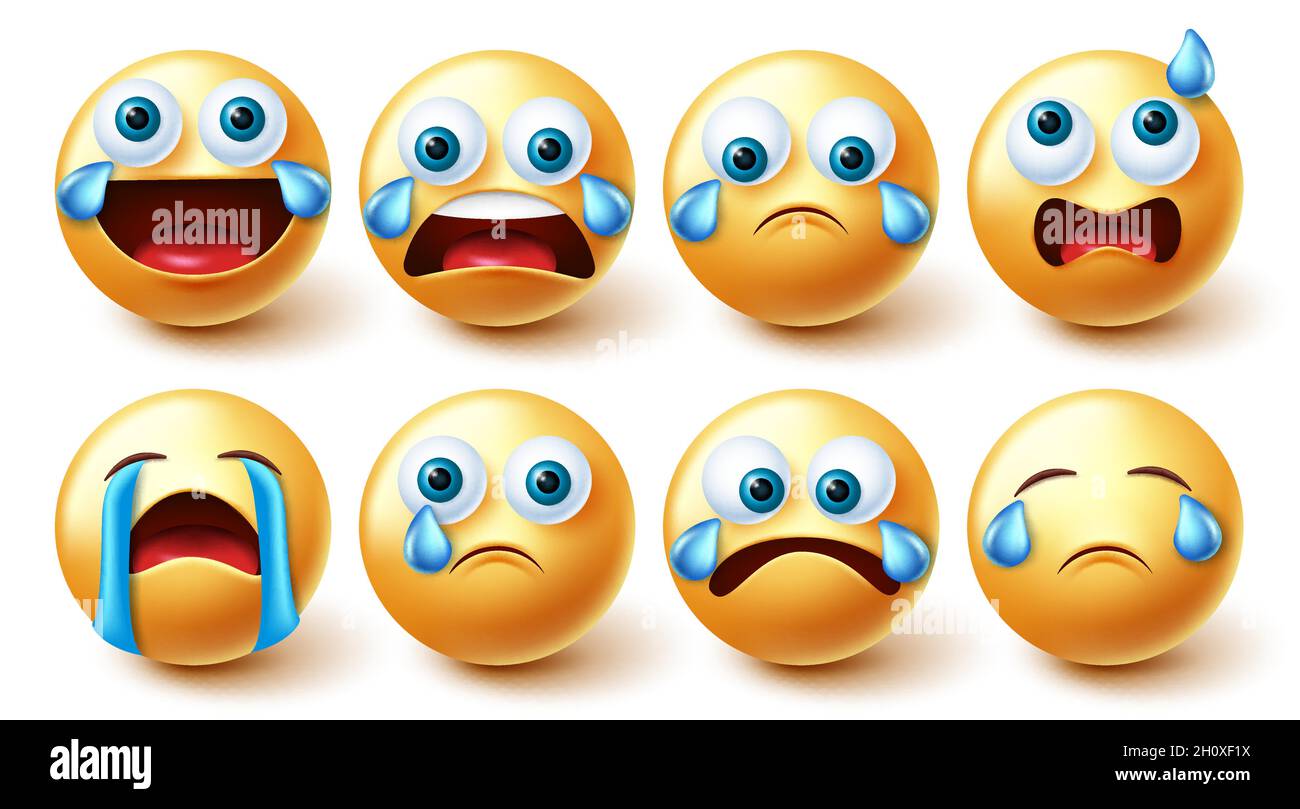Vektor-Set für weinende Emoji-Figuren. 3d-Emojis-Charaktere in Weinen, Lachen laut und verwirrt grafische Gesichtssammlung für Emoticons Stimmung Gesichts. Stock Vektor