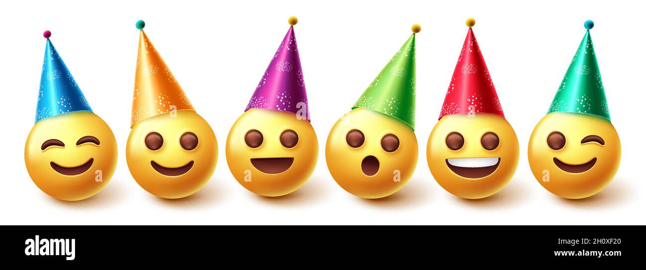 Emojis Geburtstagszeichen Vektor gesetzt. Emoji in Partyhüten Geburtstag und Event-Feier mit 