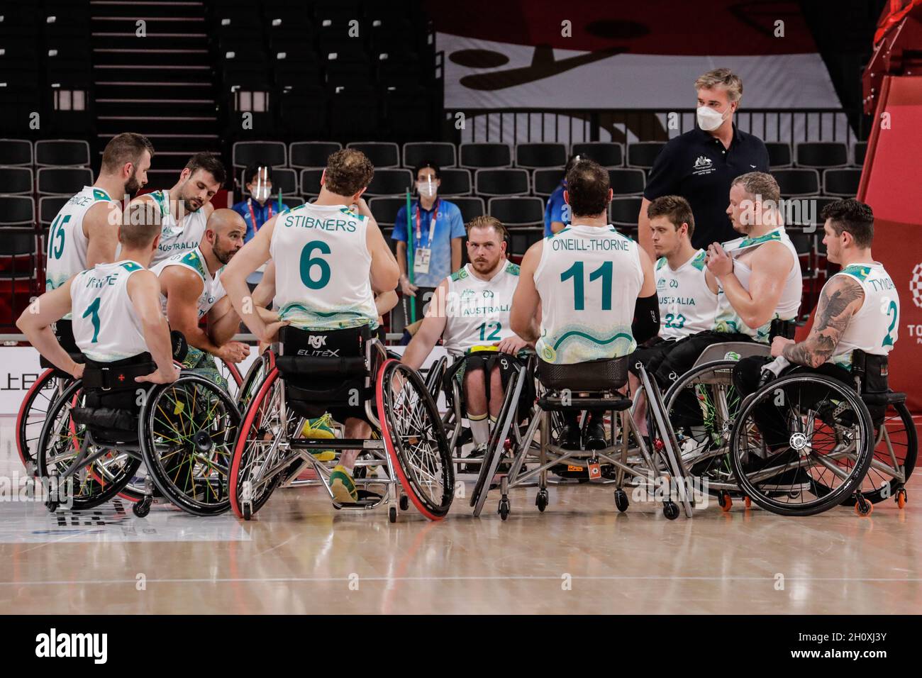 Tokio, Japan, 30. August 2021, Paralympische Spiele 2020 in Tokio, Rollstuhlbasketball für Männer. Australien und Großbritannien. Australisches Team Stockfoto