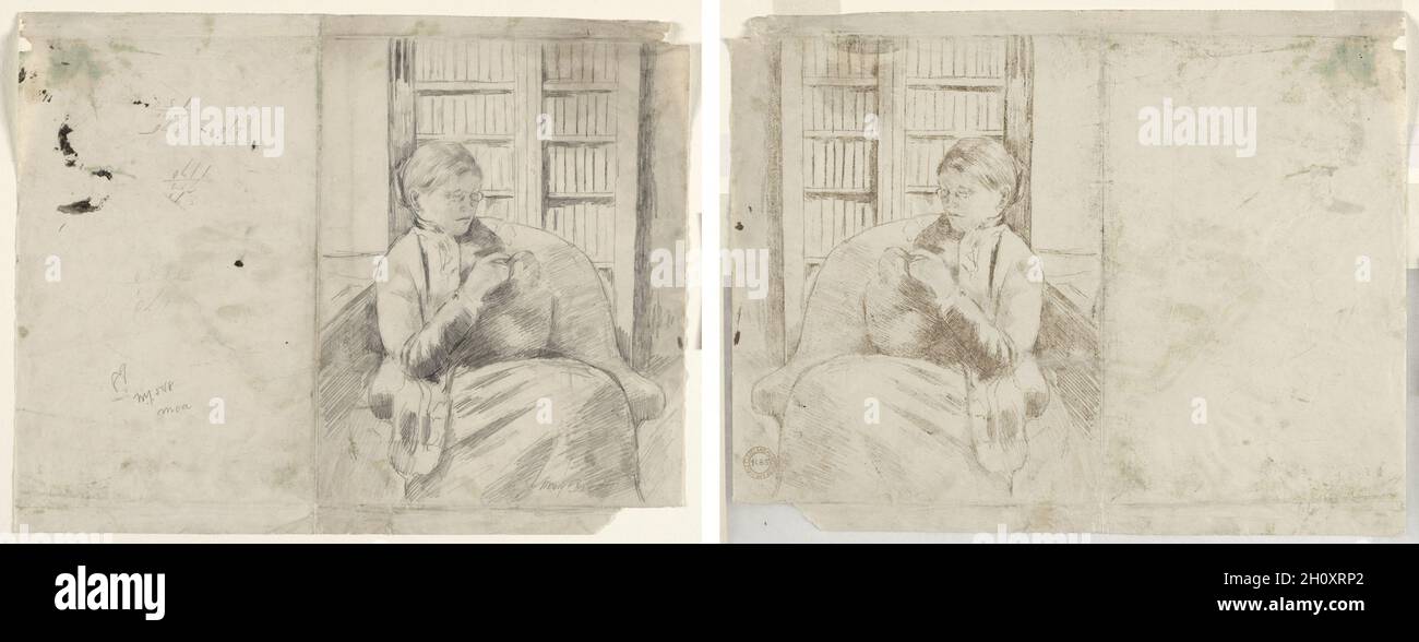 Stricken in der Bibliothek (recto); Stricken in der Bibliothek (verso), c. 1881. Mary Cassatt (Amerikanerin, 1844-1926). Graphit; Blatt: 31.3 x 40.1 cm (12 5/16 x 15 13/16 Zoll); Bild: 28 x 22 cm (11 x 8 11/16 Zoll). In dieser Arbeitszeichnung für die Softground-Radierung und Aquatinta des gleichen Titels porträtiert Cassatt ihre Mutter in einem ruhigen Moment der Konzentration mit ihrer Handarbeit. Frei gezeichnet, wurde die Studie verwendet, um Hauptbereiche von hell und dunkel mit starken diagonalen Schattierungen in Graphit zu blockieren. Cassatt's gekonnte Anordnung der Formen kann im Kontrast zwischen den geschwungenen Linien der Figur A gefunden werden Stockfoto Stricken in der Bibliothek (recto); Stricken in der Bibliothek (verso), c. 1881. Mary Cassatt (Amerikanerin, 1844-1926). Graphit; Blatt: 31.3 x 40.1 cm (12 5/16 x 15 13/16 Zoll); Bild: 28 x 22 cm (11 x 8 11/16 Zoll). In dieser Arbeitszeichnung für die Softground-Radierung und Aquatinta des gleichen Titels porträtiert Cassatt ihre Mutter in einem ruhigen Moment der Konzentration mit ihrer Handarbeit. Frei gezeichnet, wurde die Studie verwendet, um Hauptbereiche von hell und dunkel mit starken diagonalen Schattierungen in Graphit zu blockieren. Cassatt's gekonnte Anordnung der Formen kann im Kontrast zwischen den geschwungenen Linien der Figur A gefunden werden Stockfoto