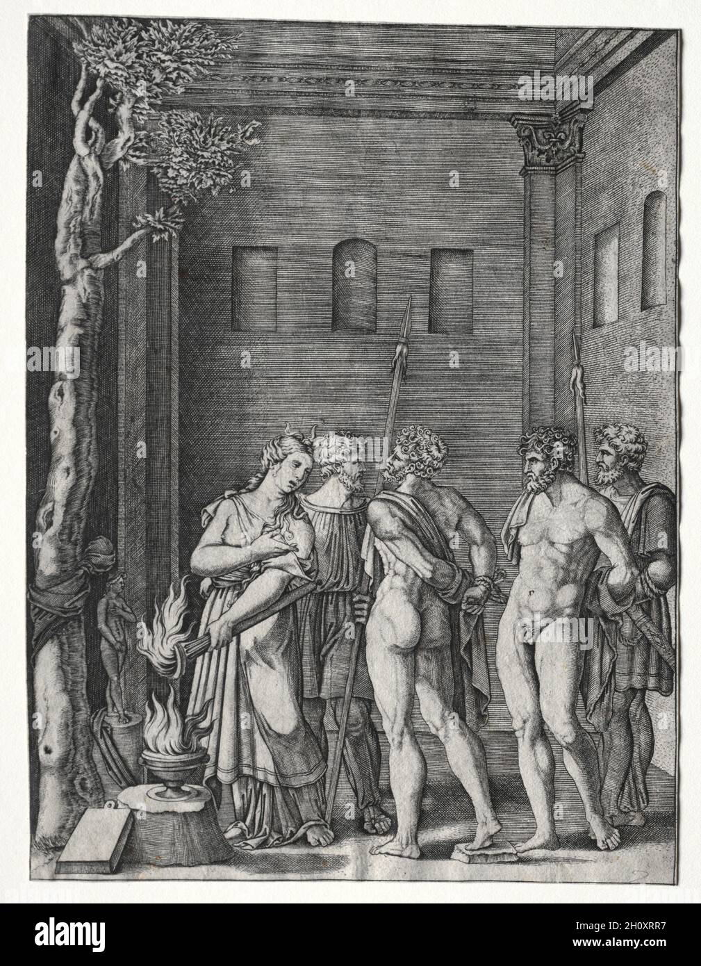 Östes und Pylades, die nach Iphigenia zum Opfer gebracht wurden, 1514/1536. Agostino Veneziano (Italienisch, 1490-1540). Gravur; Blatt: 25.9 x 19.4 cm (10 3/16 x 7 5/8 Zoll). Diese Szene stammt aus der griechischen Mythologie. Nach einer Version der Geschichte wurden Orest (Sohn von Agamemnon, König von Mykene) und sein Gefährte, Pylades, auf eine Mission geschickt, um eine Skulptur der Göttin Artemis zu holen. Sie wurden jedoch gefangen genommen und zum Tempel gebracht, um geopfert zu werden. Glücklicherweise entpuppt sich die Hohepriesterin des Tempels, Iphigenia, als Orestes Schwester, von der er glaubte, sie sei lange zuvor geopfert worden. Überglücklich durch t Stockfoto