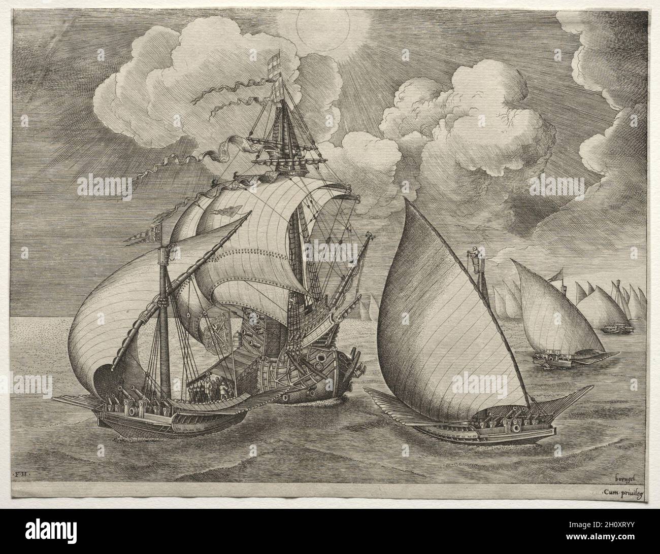 Segelschiffe: Eine Flotte von Galeeren, die von einer Karavelle begleitet werden, 1561-65. Nach Pieter Bruegel (Flämisch, 1527/8-1569), Frans Huys (Flämisch, 1522-1562). Gravur; Stockfoto