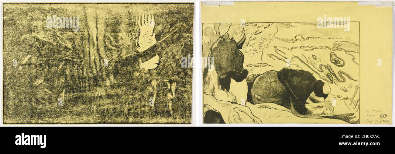 Noa Noa: The Devil Speaks (Mahna No varua Ino) (recto); Women Washing Clothes (verso), 1893-1894. Paul Gauguin (Französisch, 1848-1903). Holzschnitt; Blatt: 20.5 x 32.1 cm (8 1/16 x 12 5/8 Zoll); Bild: 20.3 x 31.9 cm (8 x 12 9/16 Zoll). 1893 kehrte Paul Gauguin von Tahiti nach Paris zurück. Er begann ein Buch zu konzipieren, das sein Leben außerhalb Europas beschreiben und Kontext für die avantgardistischen Werke schaffen würde, die er unterwegs schuf. Dieser Druck ist einer von zehn Stück, die dieses Buch illustrieren sollen, das Gauguin Noa Noa betitelt hat. Er schnitzte jedes Bild grob in einen Holzschnitt und druckte Th Stockfoto