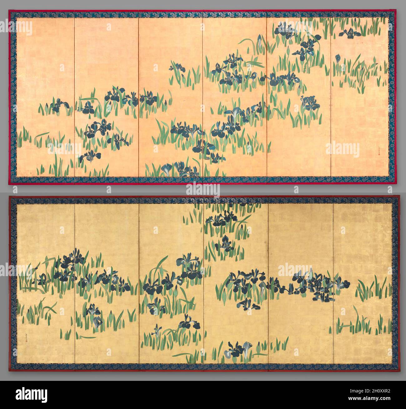 Iris, 1700. Watanabe Shikō (Japanisch, 1683-1755). Zwei sechsköpfige Klappsiebe, Tinte und Farbe auf vergoldetem Papier; insgesamt 154 x 334.3 cm (60 5/8 x 131 5/8 Zoll). Das Thema dieses Gemäldes stammt aus einem Text aus dem 10. Jahrhundert. Es erzählt von der Reise eines jungen Adligen in die einsame Landschaft, weit weg von der Hauptstadt Heian-ky? (Kyoto). Dort kam er auf einen kleinen Bach, dessen Ufer mit blühenden Iris bedeckt waren, auf den der Künstler sich entschieden hat, unsere Aufmerksamkeit zu konzentrieren. Während der Betrachtung der schönen Blumen der Edelmann komponierte ein Gedicht:Ich habe eine geliebte Frau, vertraut wie der Rock o Stockfoto