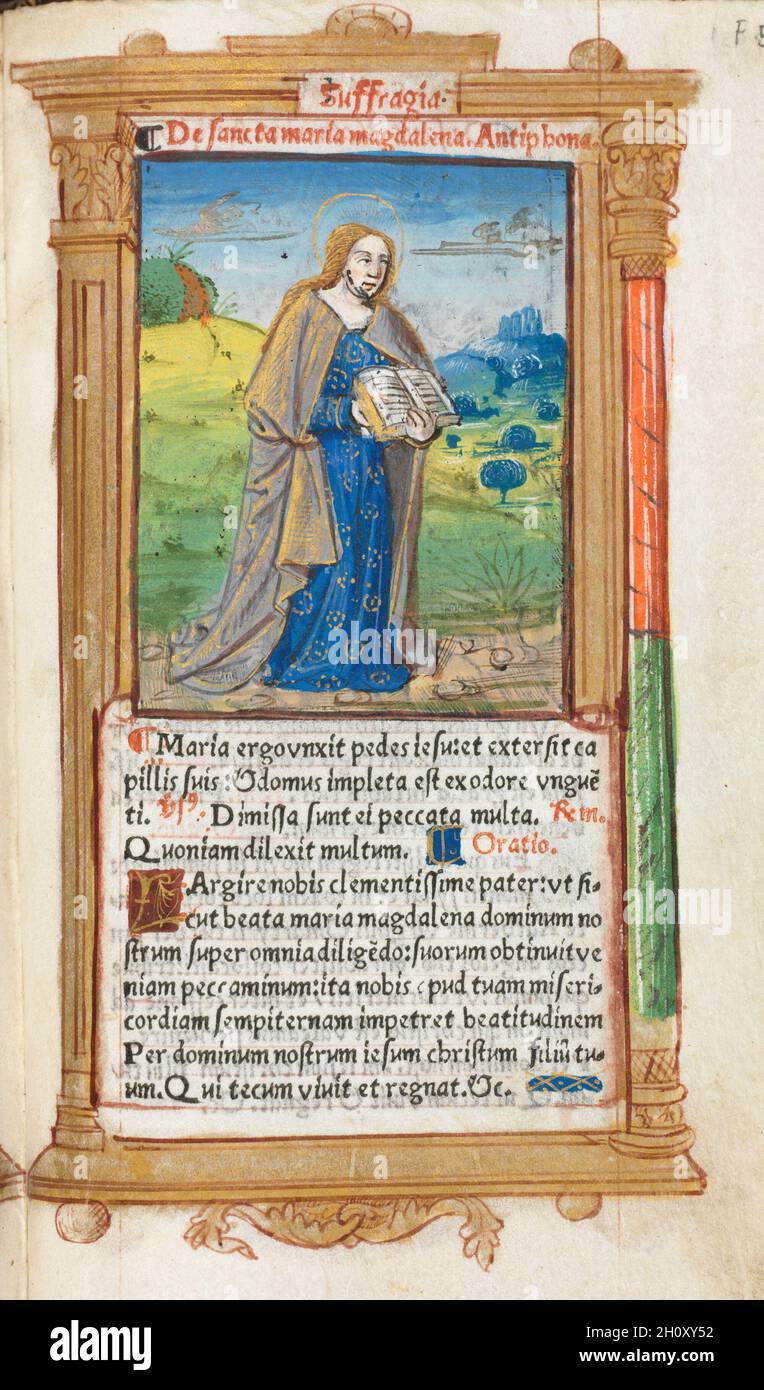 Gedrucktes Stundenbuch (Verwendung von Rom): Fol. 109r, Maria Magdalena, 1510. Guillaume Le Rouge (Französisch, Paris, aktiv 1493-1517). 112 bedruckte Blätter auf Pergament, gebunden; Stockfoto