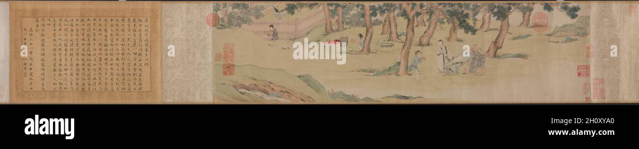 Zhao Mengfu schreibt das Herz (Hridaya) Sutra im Austausch gegen Tee, 1542-43. Qiu Ying (Chinesisch, 1494-1552). Handscroll, Tinte und helle Farben auf Papier; Bild: 20.6 x 78.3 cm (8 1/8 x 30 13/16 Zoll); insgesamt: 21.1 x 553.6 cm (8 5/16 x 217 15/16 Zoll). Der Kalligraph der Yuan-Dynastie, Zhao Mengfu (1254–1322), soll das Herz-Sutra für einen bestimmten Priester namens Li als Gegenleistung für Tee transkribiert haben. Später, während der Ming-Dynastie, malte der professionelle Maler Qiu Ying aus Suzhou diese Szene für seinen Patron.Hier hält Zhao Mengfu einen Pinsel und legt ein Stück Papier vor sich. Auf dem Tisch i Stockfoto