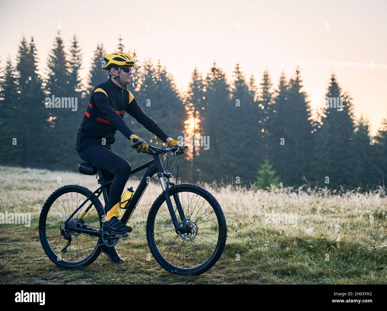 Seitenansicht des Radfahrers, der mit dem Fahrrad auf einem Bergpfad mit Nadelbäumen im Hintergrund steht. Mann Fahrradfahrer genießen Fahrradtour in den Bergen am Morgen. Konzept von Sport und aktiver Freizeit. Stockfoto