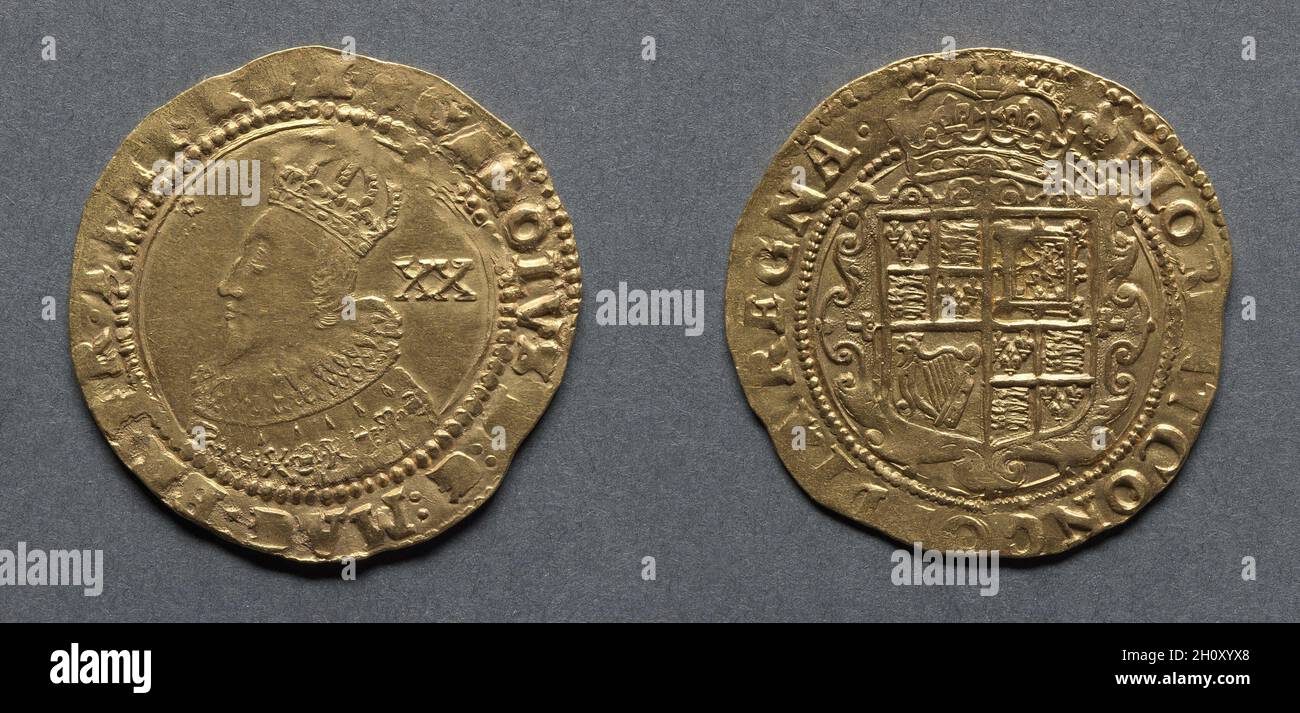 Unite: Karl I. (Vorderseite); gekrönter Schild (Rückseite), 1625. England, Karl I., 1625-1649. Gold; Durchmesser: 3.4 cm (1 5/16 Zoll). Nach seiner Thronbesteigung ordnete Karl I. an, dass die Münzprägung die gleichen Arten und Bezeichnungen wie die von Jakobus I. bleiben sollte. Während aller Schwierigkeiten seiner Regierungszeit änderte er den Wert der Goldprägung nicht. Bis zum Beginn des englischen Bürgerkrieges im Jahr 1642 regieren die königlichen Behörden die Münzstätte Tower. Mit der Ernennung von Sir John Coniers zum Leutnant des Turms ging die Kontrolle über die Münzstätte in die Hände der Parlamentarischen Partei über, die sich Stockfoto