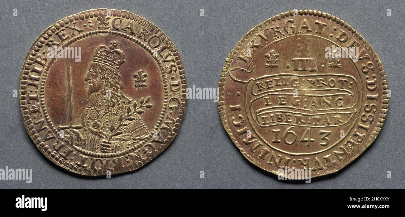 Dreifach-Unite- oder Dreipoundstück: Charles I (Vorderseite); Deklaration über die Schriftrolle (Rückseite), 1643. England, Karl I., 1625-1649. Gold; Durchmesser: 4.6 cm (1 13/16 Zoll). Als der Bürgerkrieg oder die große Rebellion 1642 begann, kämpfte sich Charles I, nachdem er am 22. August 1642 in Nottingham seinen Standard angehoben hatte, durch die Kämpfe von Edgehill und Brentford nach Süden, aber ohne London zu betreten, richtete er schließlich sein Hauptquartier am Christ Church College, Oxford, ein. In Wellington, Shropshire, hatte der König am 19. September erklärt, dass er "die Religion der Protestanten, die Gesetze der en, schützen werde Stockfoto