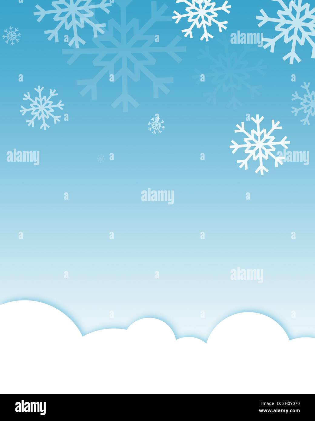 Illustration von weißem Schnee auf blauem Hintergrund mit weißen Wolken - vertikales Format 4 bis 5 - winterlicher festlicher Hintergrund für Gratulation oder Poster Stockfoto