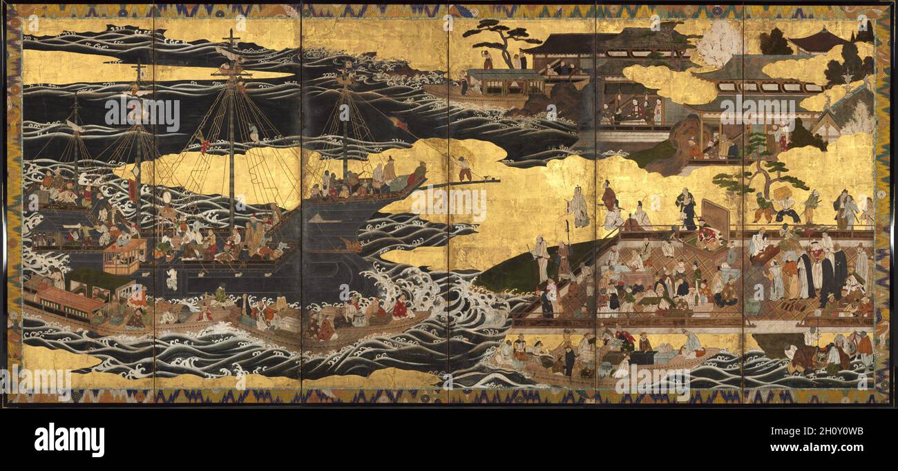 Ankunft der 'südlichen Barbaren', c. 1600. Japan, Momoyama-Zeit (1573-1615). Einer von zwei sechs-Panel-Faltschirmen; Tinte, Farbe und Gold auf Papier; Bild: 146.7 x 337.2 cm (57 3/4 x 132 3/4 Zoll). Stockfoto