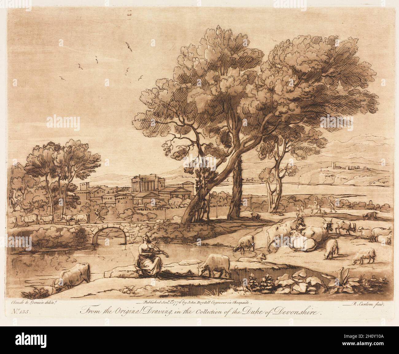 Liber Veritatis: No. 135, A Landscape, with Buildings, Mercury stehlend Admetuss' Vieh von Apollo, 1776. Richard Earlom (British, 1743-1822), nach Claude Lorrain (French, 1604-1682), John Boydell (British, 1720-1804). Radierung und Mezzotinta in brauner Farbe; Blatt: 29.1 x 43 cm (11 7/16 x 16 15/16 Zoll); Plattenmark: 20.9 x 26 cm (8 1/4 x 10 1/4 Zoll). Stockfoto