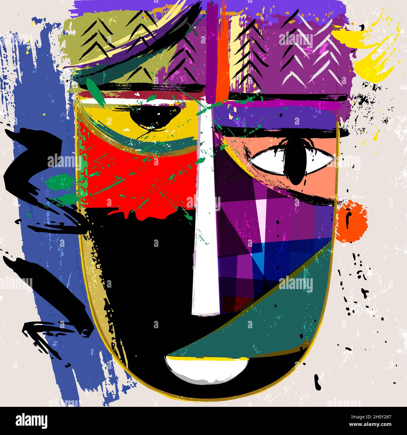 Abstraktes Gesicht oder Maske, mit Malstrichen und Spritzern, afrikanisch inspiriert Stock Vektor