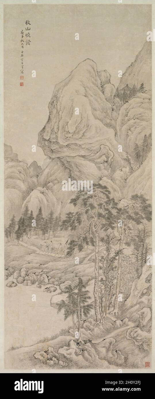 Landschaft, 1644-1911. China, Qing Dynastie (1644-1911). Hängerolle, Tusche und Farbe auf Papier; gesamt: 138,7 x 56,2 cm (54 5/8 x 22 1/8 in.). Stockfoto