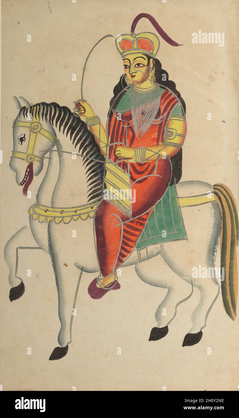 Die Meuterei der Heldin Rani Lakshmi Bai aus Jhansi, c. 1890. Ostindien, Bengalen, Kalkata, Kalighat. Aquarell, Graphit, Tinte und Zinn auf Papier; sekundärer Träger: 48.5 x 29.6 cm (19 1/8 x 11 5/8 Zoll); nur Malerei: 45.5 x 28 cm (17 15/16 x 11 Zoll). Rani Lakshmi Bai war eine Witwe von Raja Gangadhar Rao, dem Maharaja von Jhansi, dessen Staat von den Briten annektiert worden war. Am 10. Juni 1857 wurde sie nach einem Massaker von einheimischen indischen Truppen an Europäern zur Herrscherin ernannt. Sie war eine der ersten Freiheitskämpfer und Widerstand den Briten und wurde im Juni 1858 getötet. Später wurde sie eine legendäre Mu Stockfoto