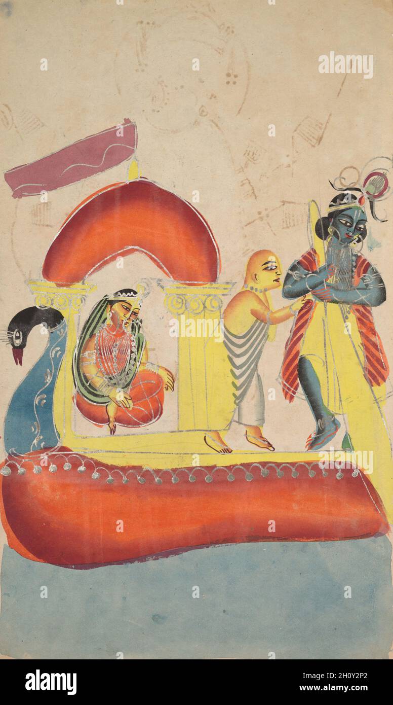 Krishna mit Radha über den Yamuna River (recto), c. 1890. Ostindien, Bengalen, Kalkata, Kalighat. Aquarell, Graphit, Tinte und Zinn auf Papier; sekundärer Träger: 48.5 x 29.3 cm (19 1/8 x 11 9/16 Zoll); nur Malerei: 45.5 x 27.4 cm (17 15/16 x 10 13/16 Zoll). Dieses Bild stammt aus populären Dramen, in denen Krishna, Liebhaber der Cowgirls (gopis), sich als Bootsmann verkleidet, um einen Demure Radha, seinen Lieblingsgopi, zu befähren. Es zeigt Hingabe und die Intensität getrennter Liebenden. Stockfoto