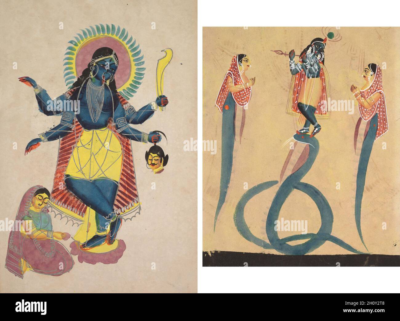Krishna als Kali angebetet von Radha (recto); Krishna quells the Serpent Kaliya (verso), c. 1890. Ostindien, Bengalen, Kalkata, Kalighat. Aquarell, Graphit und Tinte auf Papier; sekundärer Träger: 48.1 x 29.7 cm (18 15/16 x 11 11/16 Zoll). Krishnas Cowgirl (gopi) Radha war Ayanaghoshas Frau, und ihre Hingabe an ihn ging über die ehelichen Bindungen hinaus. Wann immer Radha mit Krishna zusammen war und ihr Mann erschien, verwandelte sich Krishna augenblicklich in Kali und Radha in ihren Anhänger. Radha, ein Vorbild-Anhänger, symbolisiert die menschliche Seele und ihre Sehnsucht nach gott. Ihre Bereitschaft, die Regeln zu brechen o Stockfoto