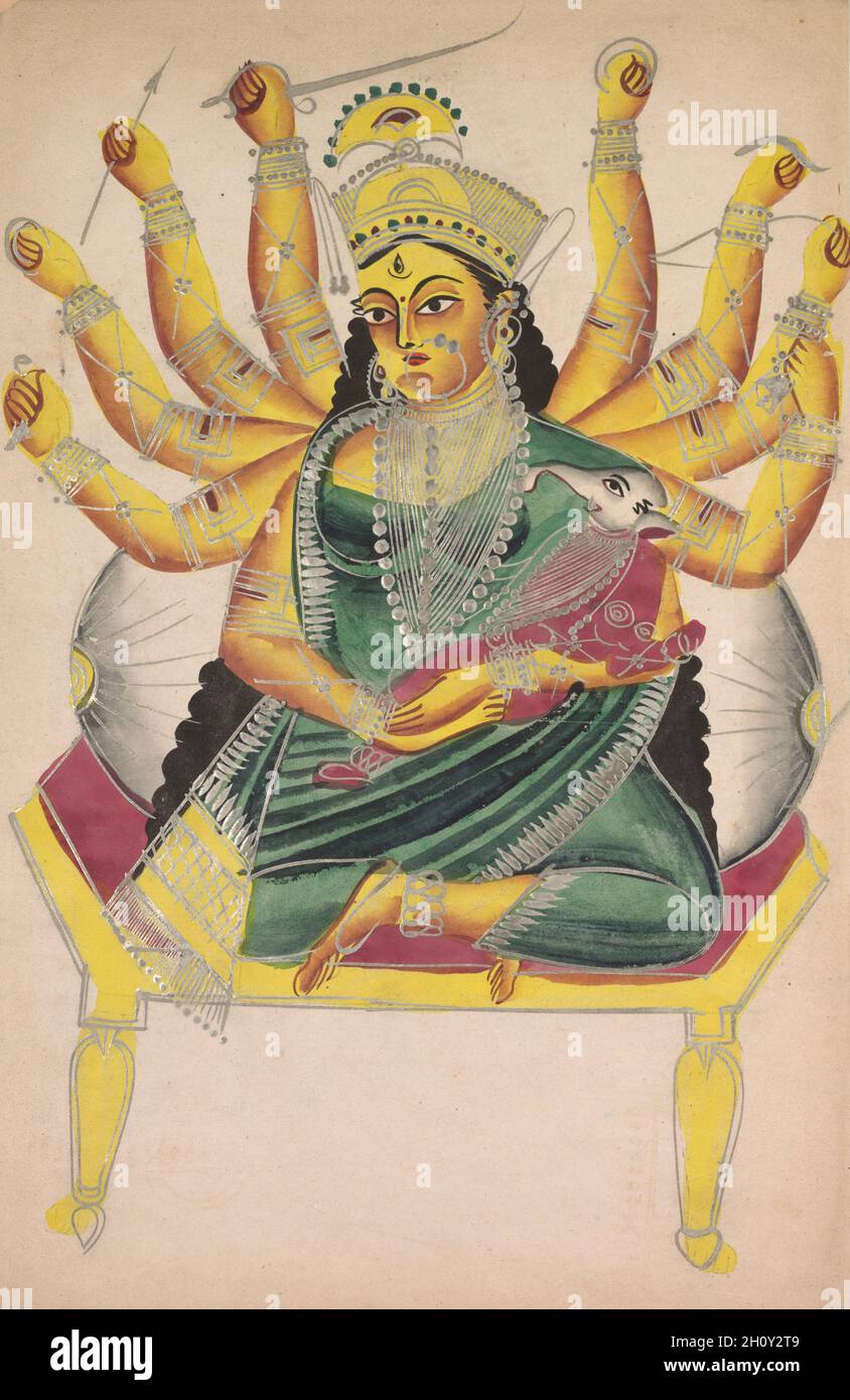 Ganesha-Janani (Mutter von Ganesh), c. 1890. Ostindien, Bengalen, Kalkata, Kalighat. Aquarell, Graphit, Tinte und Zinn auf Papier; nur Malerei: 44.2 x 27.9 cm (17 3/8 x 11 Zoll). Die Göttin Parvati wird hier mit dem Kleinkind Ganesh in ihren Armen dargestellt. Ganesh ist die allseits beliebte Elefantengottheit, die als der schelmische gott der Hindernisse und Anfänge verehrt wird. Ganesh ist aus dem Schmutz von Parvatis Körper geformt. Auf Wunsch seiner Mutter bewachte Ganesh sie während des Bades, nur um von dem gott Shiva, dem Ehemann von Parvati, konfrontiert zu werden, dem die Einreise verweigert wird. Nicht wissend, dass Ganesh sein ist Stockfoto