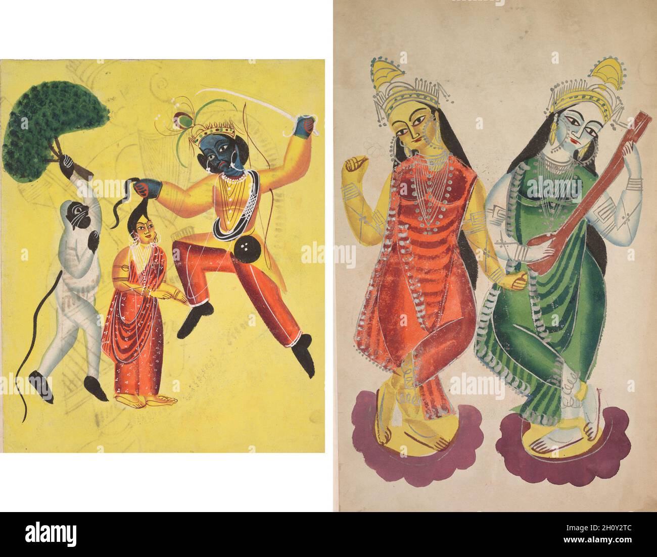 Rama und Hanuman halten einen entwurzelten Baum, rettet Sita (recto); Göttinnen Lakshmi und Sarasvati (verso), c. 1890. Ostindien, Bengalen, Kalkata, Kalighat. Aquarell, Graphit und Tinte auf Papier; sekundärer Träger: 48.6 x 29.8 cm (19 1/8 x 11 3/4 Zoll). Stockfoto