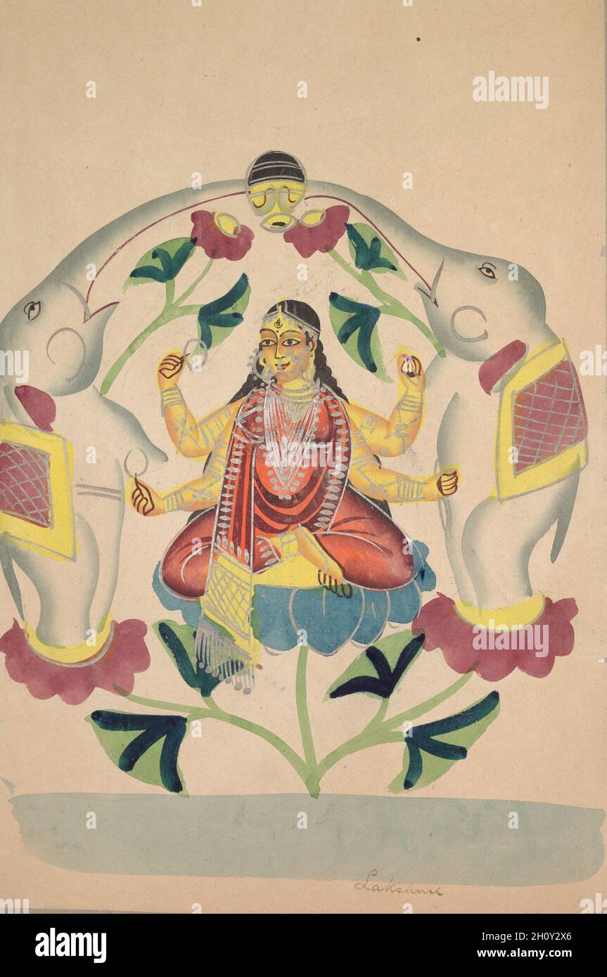 Gajalakshmi: Lakshmi mit Elefanten, c. 1890. Ostindien, Bengalen, Kalkata, Kalighat. Aquarell, Graphit, Tinte und Zinn auf Papier; sekundärer Träger: 60.7 x 42.4 cm (23 7/8 x 16 11/16 Zoll); nur Malerei: 43 x 27.7 cm (16 15/16 x 10 7/8 Zoll). Auf einem Lotus in der Yoga-Lotusposition (Padmasana) sitzend, wird Lakshmi (Ehefrau Vishnus und Göttin des Glücks, des Wohlstands und der Schönheit) von Elefanten flankiert, die sie salben und ihre Hingabe ausdrücken, indem sie sie mit Wasser aus dem Topf, der mit ihren Stämmen hoch gehalten wird, baden. Der Lotussitz dient als Thron, während die Elefantenstämme einen Bogen bilden, in dem sich der Sitz befindet Stockfoto