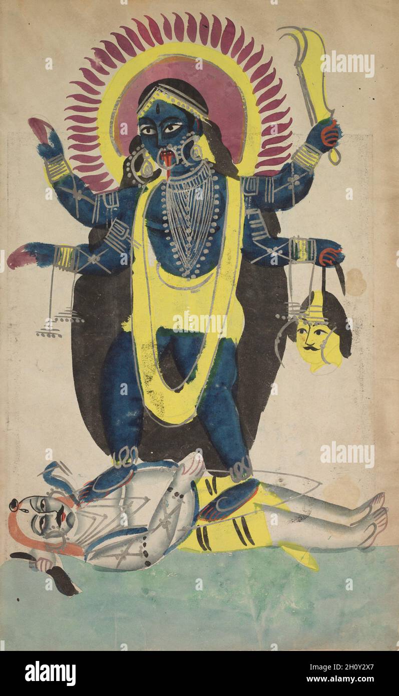 Zwei Aspekte von Kali, c. 1890. Ostindien, Bengalen, Kalkata, Kalighat. Aquarell, Graphit und Tinte auf Papier; insgesamt 49.5 x 29 cm (19 1/2 x 11 7/16 Zoll). Stockfoto