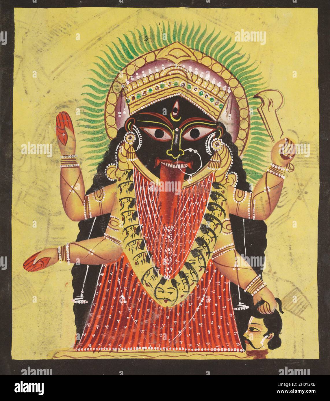 Zwei Aspekte von Kali: Kali verankert, c. 1890. Ostindien, Bengalen, Kalkata, Kalighat. Aquarell, Graphit und Tinte auf Papier; insgesamt 49.5 x 29 cm (19 1/2 x 11 7/16 Zoll). Stockfoto