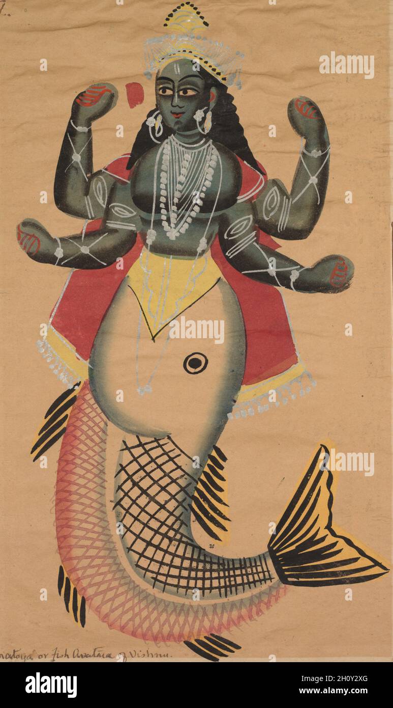 Matsya, Fisch Avatara von Vishnu, c. 1890. Ostindien, Bengalen, Kalkata, Kalighat. Aquarell, Graphit, Tinte und Zinn auf Papier; sekundärer Träger: 47.5 x 29.2 cm (18 11/16 x 11 1/2 Zoll); nur Malerei: 44.9 x 27.2 cm (17 11/16 x 10 11/16 Zoll). Stockfoto