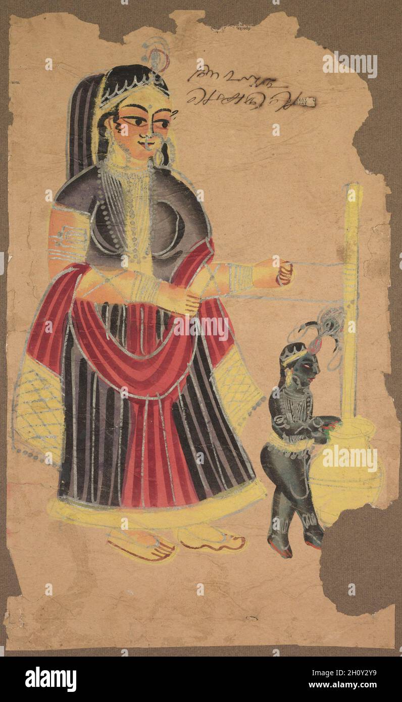Yasoda und Krishna, c. 1890. Ostindien, Bengalen, Kalkata, Kalighat. Aquarell, Graphit, Tinte und Zinn auf Papier; sekundärer Träger: 48.9 x 33.8 cm (19 1/4 x 13 5/16 Zoll); nur Malerei: 42 x 26 cm (16 9/16 x 10 1/4 Zoll). Stockfoto