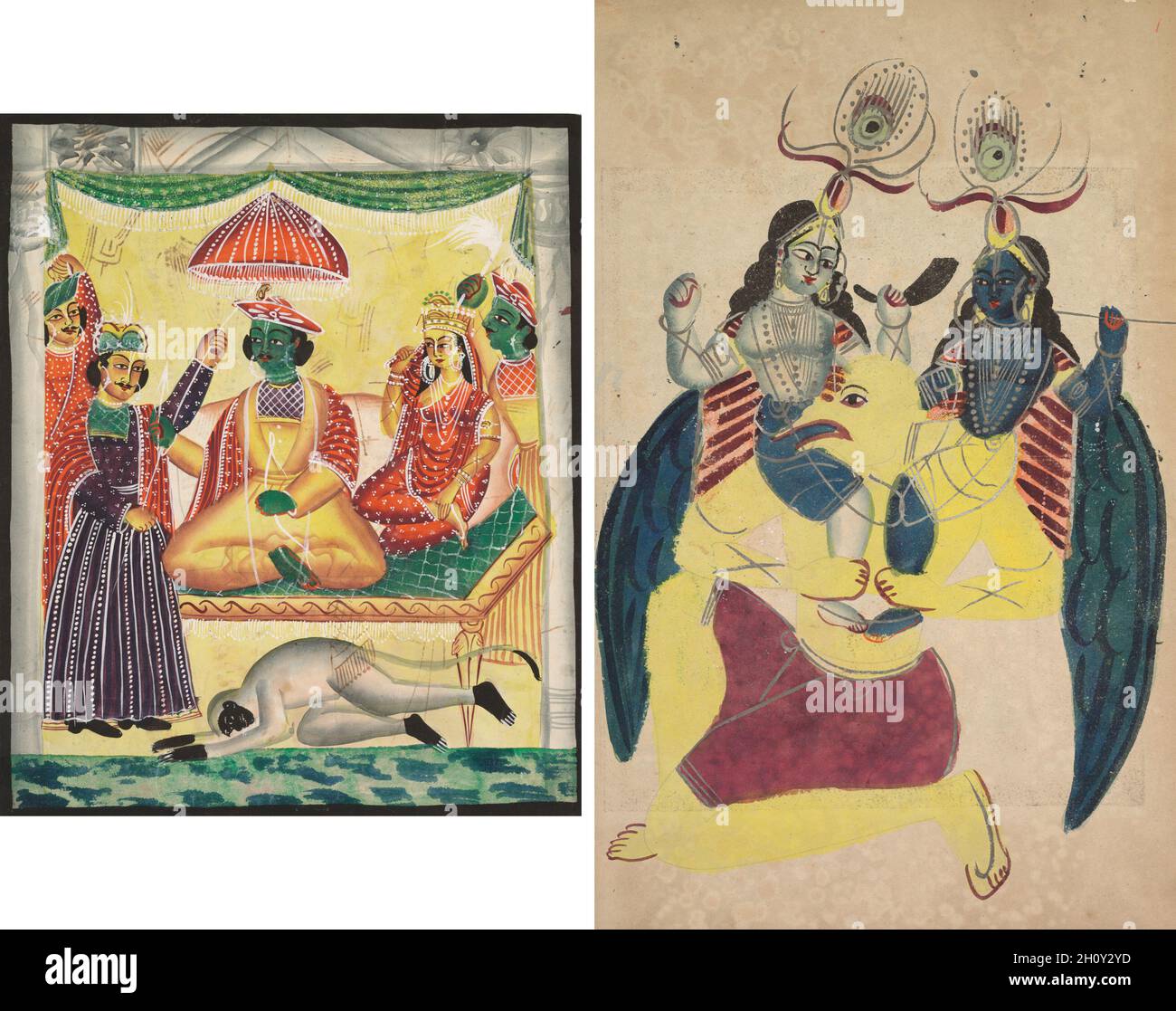 Rama und Sita (recto); Garuda trägt Balarama und Krishna (verso), c. 1890. Ostindien, Bengalen, Kalkata, Kalighat. Aquarell, Graphit, Tinte und Zinn auf Papier; sekundärer Träger: 47.9 x 29.3 cm (18 7/8 x 11 9/16 Zoll). Stockfoto