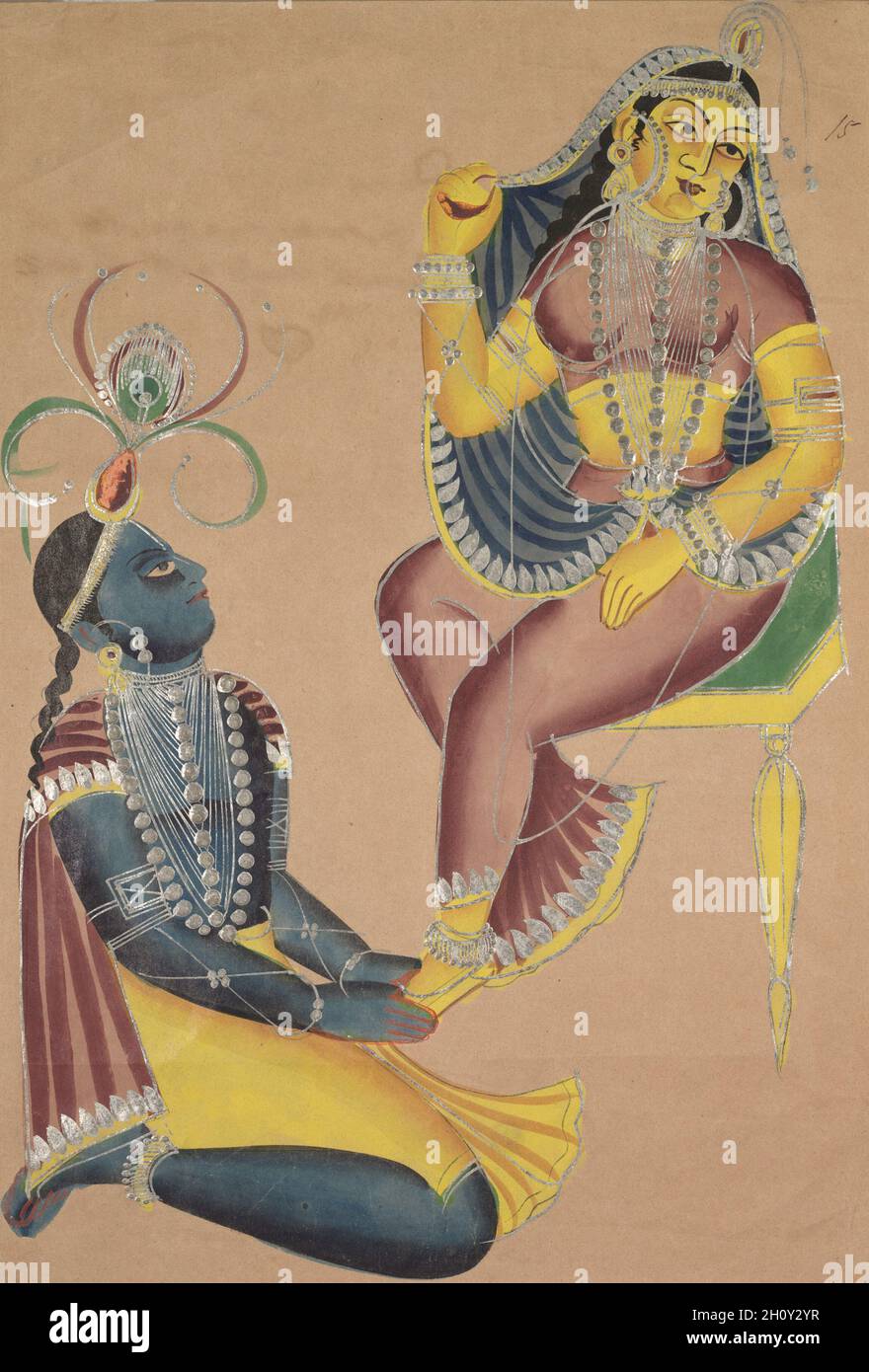 Krishna streichelte Radhas Füße, c. 1890. Ostindien, Bengalen, Kalkata, Kalighat. Aquarell, Graphit, Tinte und Zinn auf Papier; nur Malerei: 40.4 x 28 cm (15 7/8 x 11 Zoll). Stockfoto