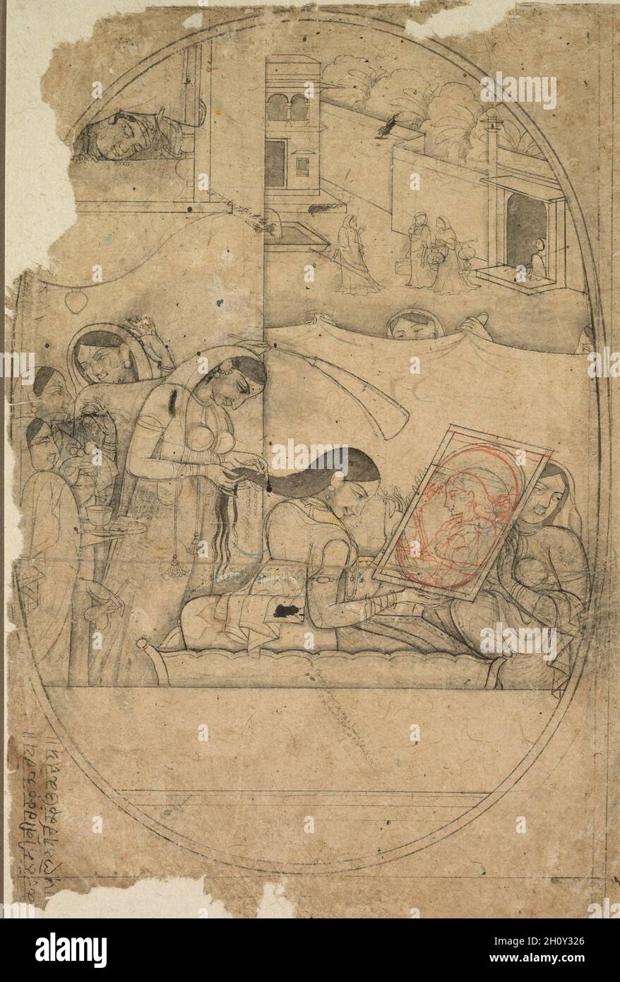 Radha's Haar gekleidet, c. 1790-1800. Nordindien, Himachal Pradesh, Pahari Königreich Kangra. Tinte mit Farbtupfer auf Papier; Bild: 25 x 17 cm (9 13/16 x 6 11/16 Zoll); insgesamt: 29.7 x 20.3 cm (11 11/16 x 8 Zoll). Diese Zeichnung ist wahrscheinlich eher eine Studie für ein fertiges Gemälde als eine Unterzeichnung, die aufgrund der Sorgfalt und Aufmerksamkeit für die feinen Details und Ausdrücke übermalt werden sollte. Unsere Aufmerksamkeit ist so auf Radha in der Mitte gerichtet, da sie ein Ornament in den Spiegel trägt, dass wir kaum bemerken, dass Krishna sie aus einem Fenster im zweiten Stock anguckt. Ihr Begleiter Stockfoto