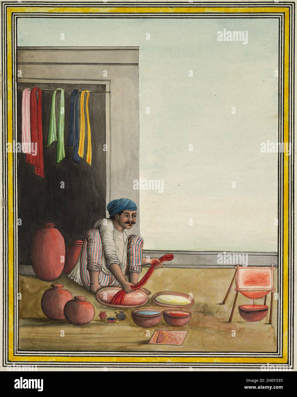 Man färben Tuch, Anfang 1830. Indien, Unternehmen, Schule, Lucknow, 19. Tinte und Farbe auf Papier; gesamt: 22,2 x 15,9 cm (8 3/4 x 6 1/4 in.). Stockfoto