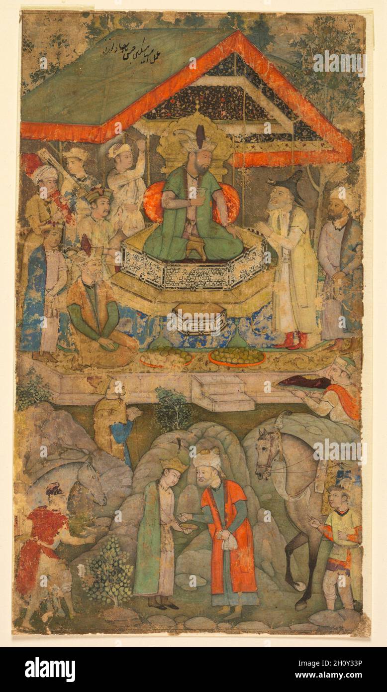 Ein Botschafter vor Humayun, c. 1610. Zugeschrieben Miskin (indisch, aktiv 1570er–c. L 1604, S. Deckendes Aquarell mit Gold auf Papier; Gemälde: 20.9 x 11.7 cm (8 1/4 x 4 5/8 Zoll). Humayun, der zweite Moghul-Kaiser von Indien, Sohn von Babur und Vater von Akbar, thront in einem königlichen Lager im Freien. Die Szene erinnert an Humayuns 15-jähriges Exil zwischen 1540 und 1555, von denen er viele durch Pakistan, Afghanistan und den Iran reiste, nachdem ihn ein afghanischer Rebell aus Indien vertrieben hatte. Stockfoto