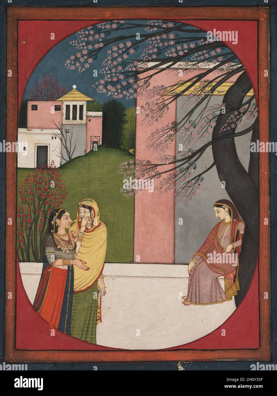 Die Lovelorn-Heldin, aus einem Sat Sai von Bihari, 1780-90. Indien, Himachal Pradesh, Pahari Königreich Garhwal oder Guler. Gummitemperatur und Gold auf Papier; Bild: 19.3 x 14.2 cm (7 5/8 x 5 9/16 Zoll); insgesamt: 26.5 x 21.1 cm (10 7/16 x 8 5/16 Zoll). The Sat Sai ist eine Sammlung von Gedichten, die vor allem die Schönheit von Frauen in einer Reihe von emotionalen Zuständen beschreiben. Die Heldin dieses Gedichts sitzt an einem Baum, der wie sie in voller Blüte steht, aber ihr Geliebter ist abwesend, und andere Mädchen gehen vorbei und klatschen. Nicht zufällig passt ihr Kleid zur Farbe der Blüten, und keine Bienen kommen, um zu bestäuben. Stockfoto