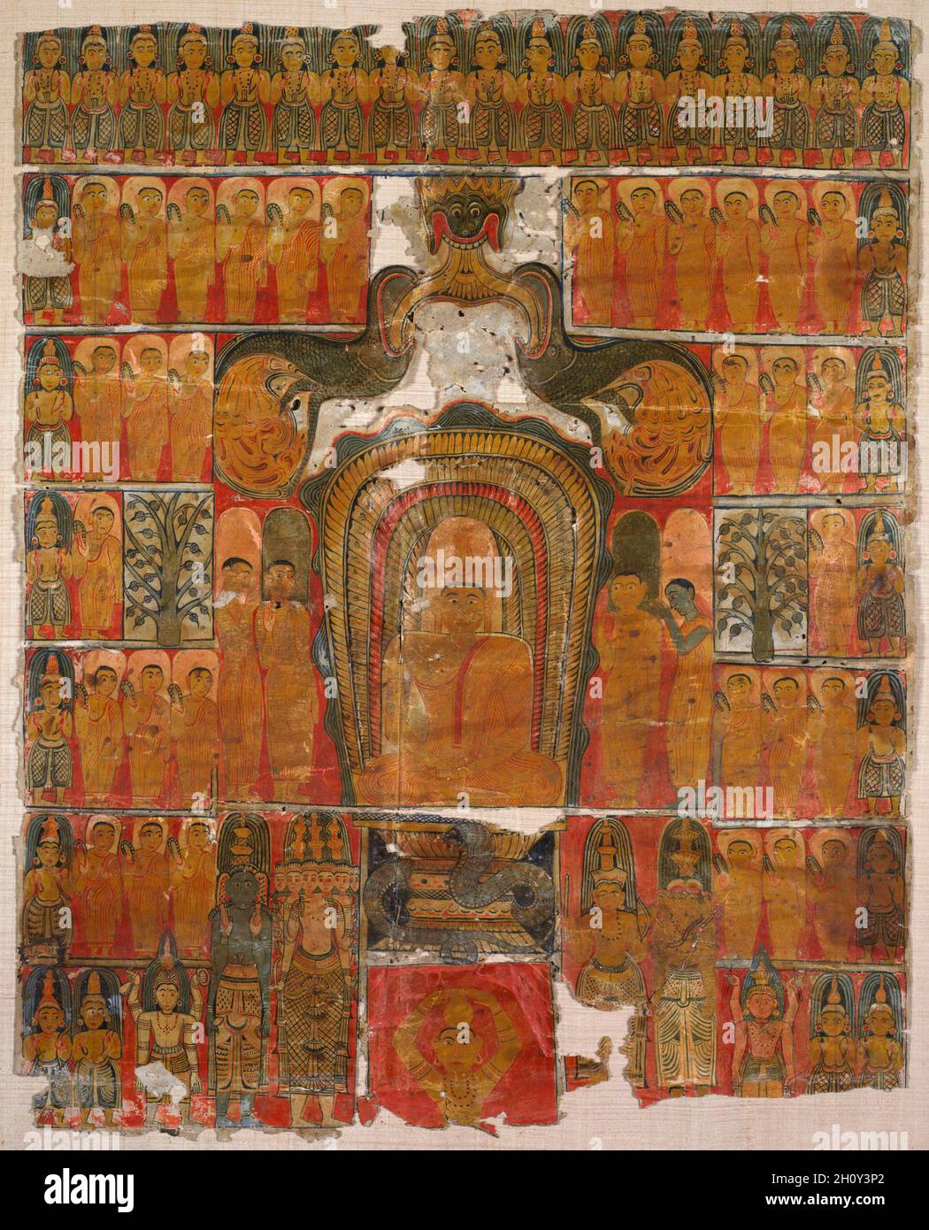 Seliger Lord Buddha, 1700er. Ceylon, Kandy. Tinte und Farbe auf Papier; insgesamt 57.8 x 48.3 cm (22 3/4 x 19 Zoll). Stockfoto