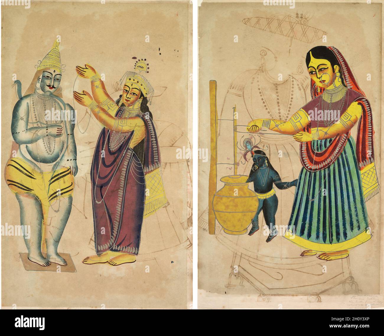Parvati Placing a Wedding Girlande on Shiva (recto); Yasoda Churning Butter (verso), c. 1890. Ostindien, Bengalen, Kalkata, Kalighat. Aquarell, Graphit, Tinte und Zinn auf Papier; sekundärer Träger: 48.2 x 29.6 cm (19 x 11 5/8 Zoll). Stockfoto