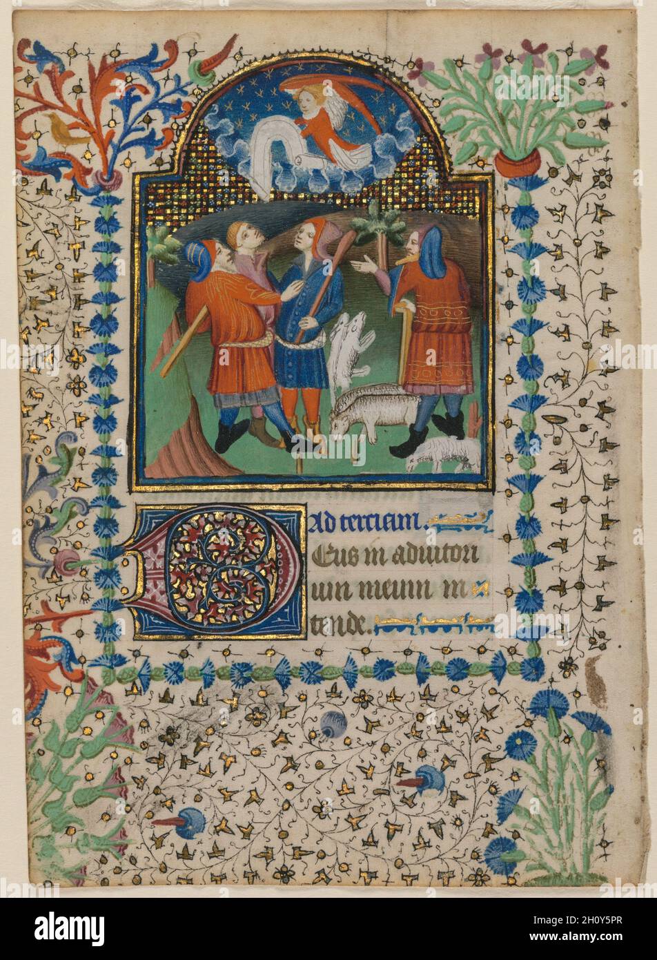Blatt aus einem Stundenbuch: Verkündigung an die Hirten (recto), c. 1410-20. Boethius Illuminator (flämisch, aktiv c. 1414-20). Tusche, Tempera und Gold auf Pergament; Blatt: 17 x 12.1 cm (6 11/16 x 4 3/4 Zoll). Dieses fein erhaltene Blatt mit seiner großen Miniatur steht stilistisch im Einklang mit der Arbeit des Boethius Illuminator. Als ungewöhnlicher und sehr origineller Maler wurde er nach einer handschriftlichen Abschrift der Werke des römischen Philosophen Boethius (480–524 n. Chr.) benannt, die er 1414 illuminierte. Der Künstler bevorzugte helle, schwungvolle Farben und expressionistische Kompositionen. Er verwendete tesselliert (Mosaik-p Stockfoto