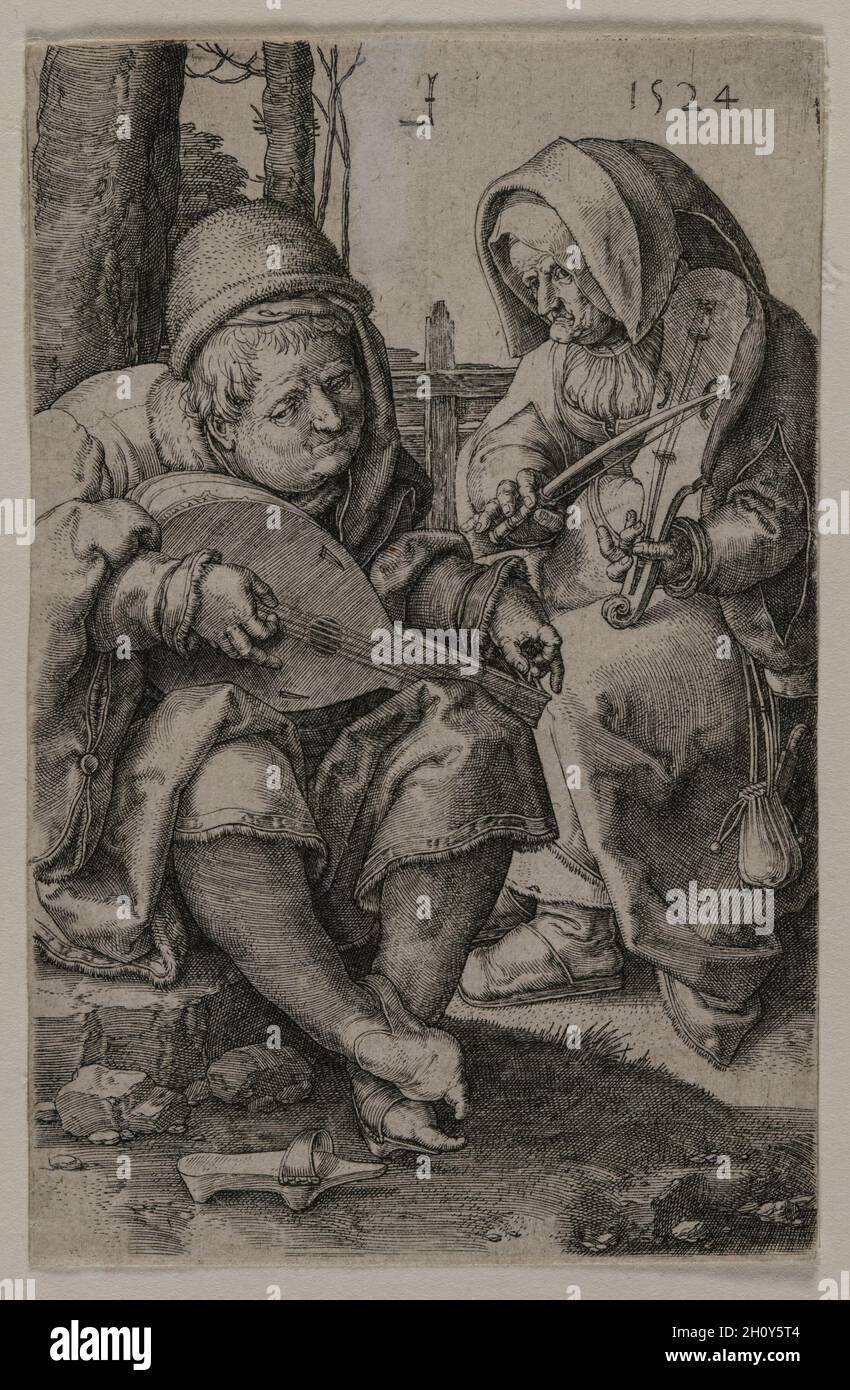 Die Musiker, 1524. Lucas van Leyden (Niederländisch, 1494-1533). Gravur; Ein Mann stimmt eine Laute mit großer Konzentration, indem er mit einer Hand eine einzelne Saite zupfen und mit der anderen den Stimmwirbel drehen. In der Nähe verbeugt sich eine Frau mit einem dreisaitigen Rebec - ein Instrument, das in Fünftel gestimmt ist wie eine Geige, das normalerweise zum Spielen von Tanzmusik verwendet wird. Das kostspielige Flechten, das den Mantel des Mannes schmückt, und seine eng anliegenden Strümpfe und spitzen Holzsandalen deuten auf die Kleidung der höfischen Klasse Ende des 15. Jahrhunderts hin. Die Gravur wurde als Darstellung von ehelicher Harmonie und langjähriger Treue interpretiert. Stockfoto